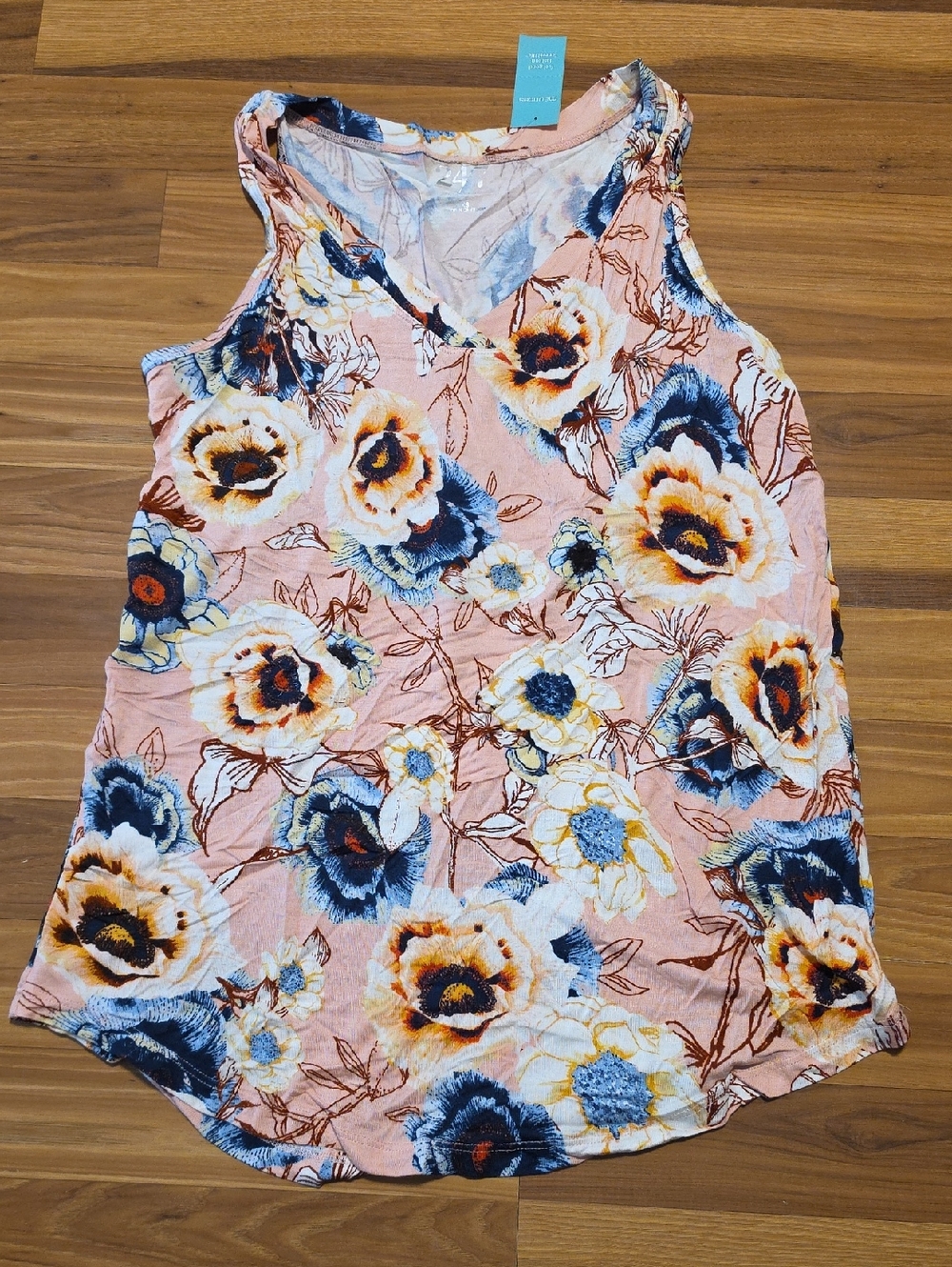 Maurices Peach Floral V-Neck Tank with Blue and Cream Blooms